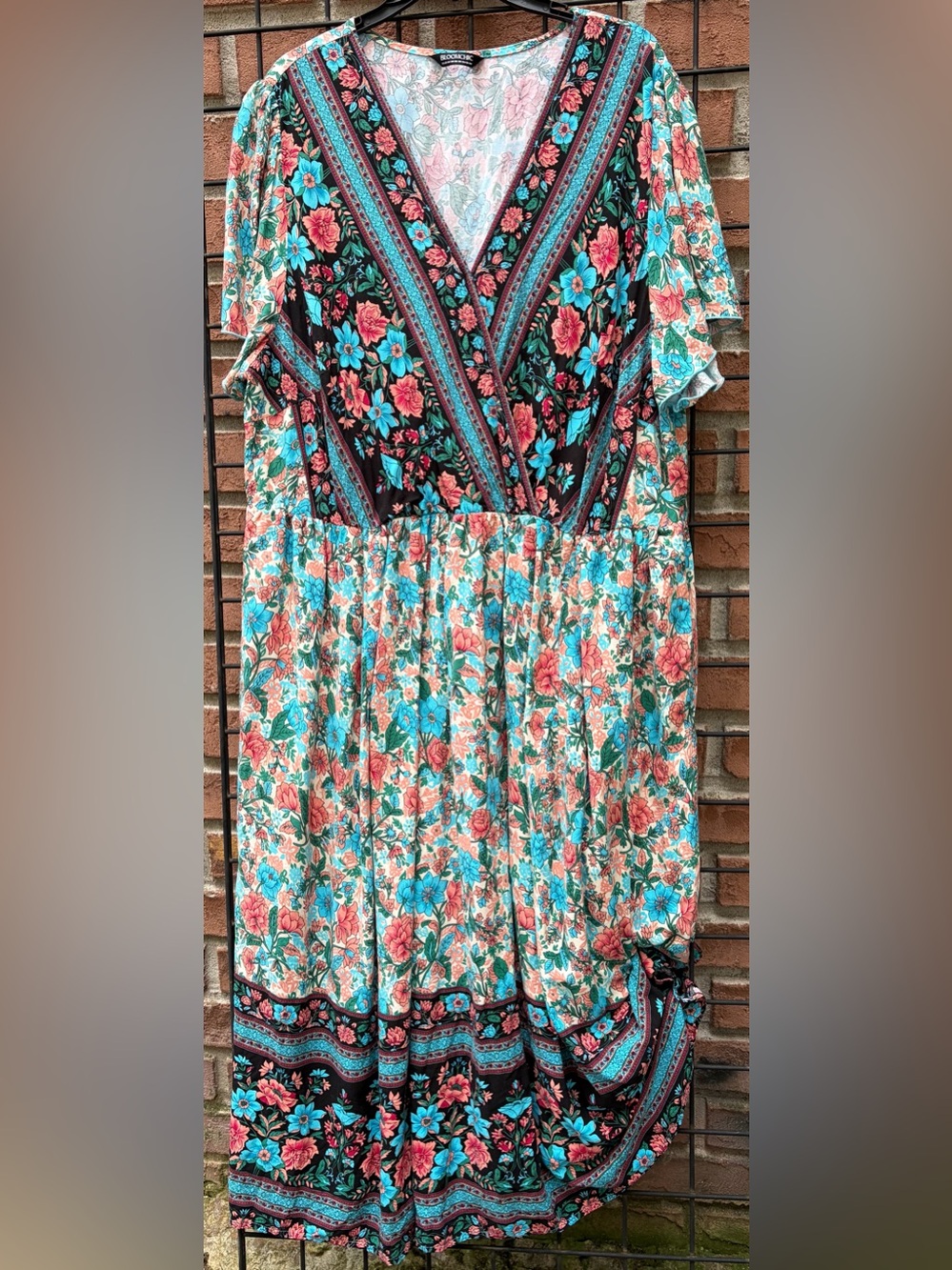 BloomChic Floral Mix-Print Tie-Waist Dress in Teal and Coral
